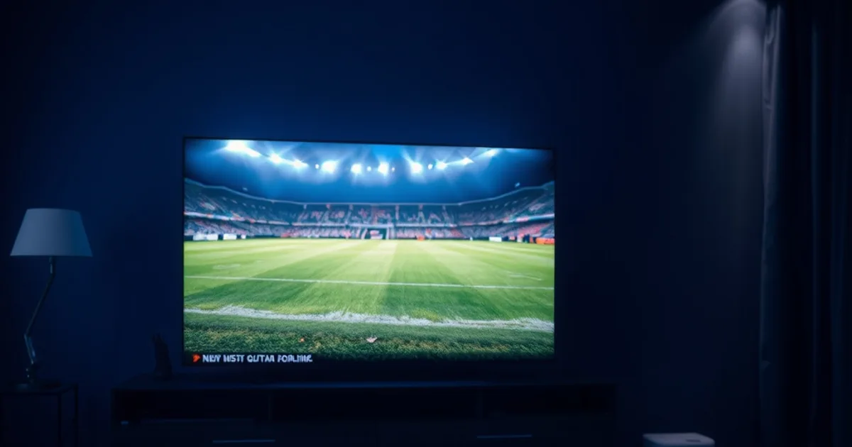 Dunkles Wohnzimmer bei Nacht mit einem großen Fernseher, der eine gestochen scharfe 4K-Fußballübertragung zeigt, davor eine Streaming-Box und Fernbedienung