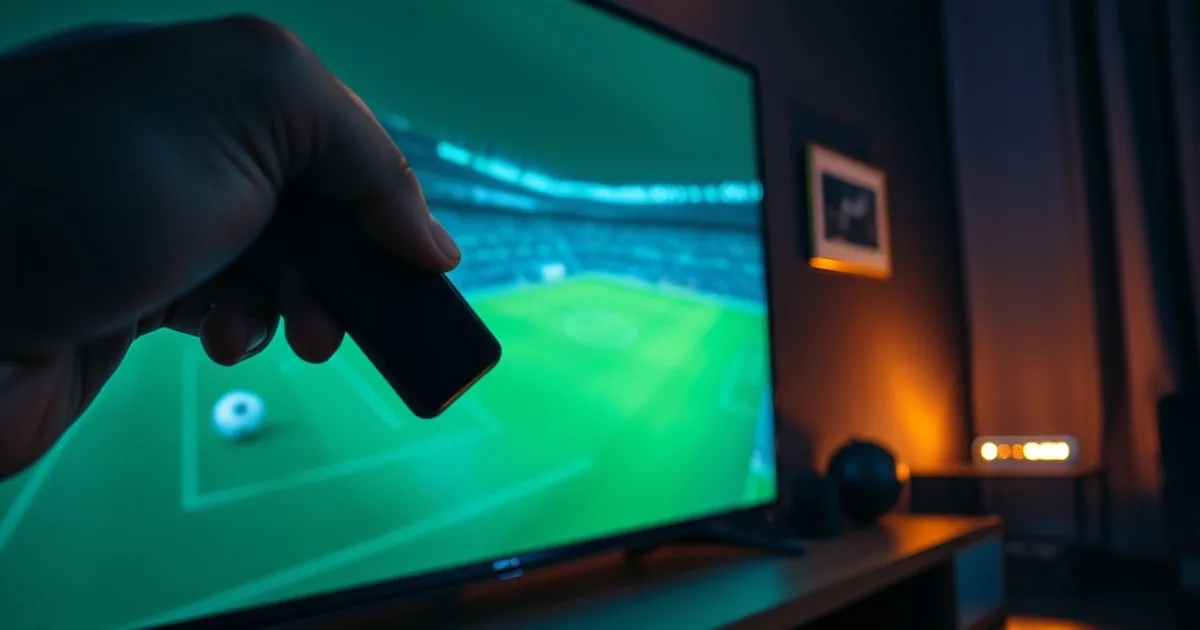 Nahaufnahme einer Hand, die einen Streaming-Stick in den HDMI-Anschluss eines Fernsehers steckt, im unscharfen Hintergrund ein grün leuchtender Fußballrasen und ein Router mit blinkenden Lichtern in dunkler, stimmungsvoller Wohnzimmerkulisse.