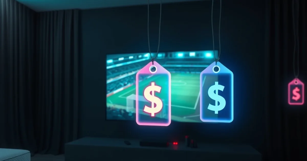Dunkles Wohnzimmer bei Nacht mit Fernseher, der ein Fußballfeld zeigt, davor schweben drei leuchtende Preis-Symbole als Sinnbild für den Kostenvergleich der Streaming-Anbieter