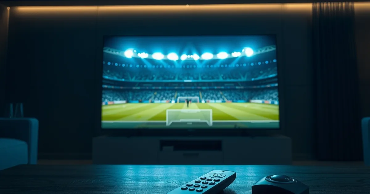 Dunkles, stilvolles Wohnzimmer bei Nacht mit großem Fernseher, der ein floodlichtbeleuchtetes Fußballstadion zeigt, Fernbedienung im Vordergrund