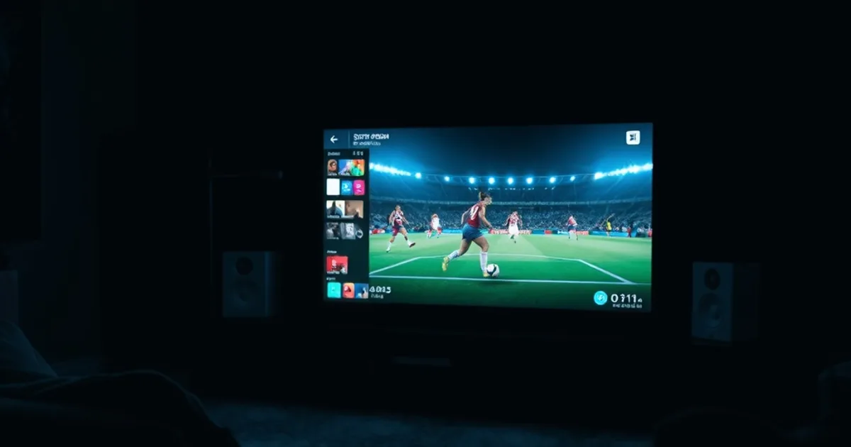 Dunkles, stimmungsvolles Wohnzimmer mit einem Fernseher, der ein Frauen-Fußballspiel und mehrere Streaming-App-Symbole zeigt