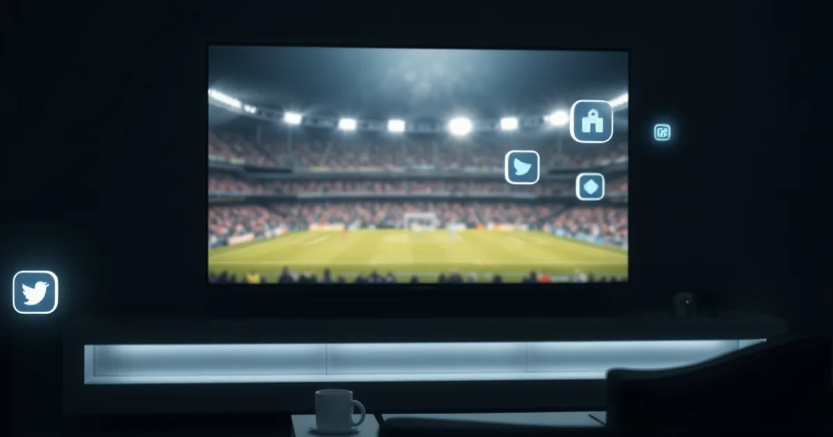 Dunkles Wohnzimmer bei Nacht, beleuchtet vom Schein eines großen Fernsehers mit unscharfem Stadionflutlicht, symbolisiert die Zersplitterung des Fußball-Streamings auf mehrere Anbieter