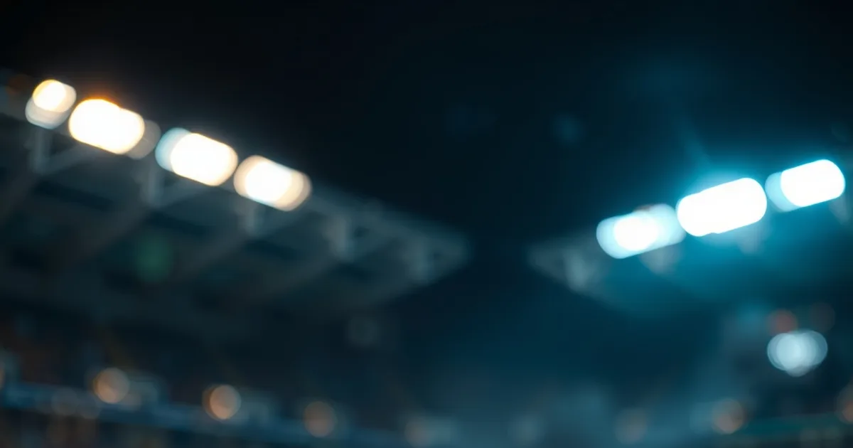 Leuchtender GPU-Chip im Vordergrund vor einem unscharfen, nächtlich beleuchteten Fußballstadion im Hintergrund, sinnbildlich für Hardware-Dekodierung bei IPTV-Live-Übertragungen