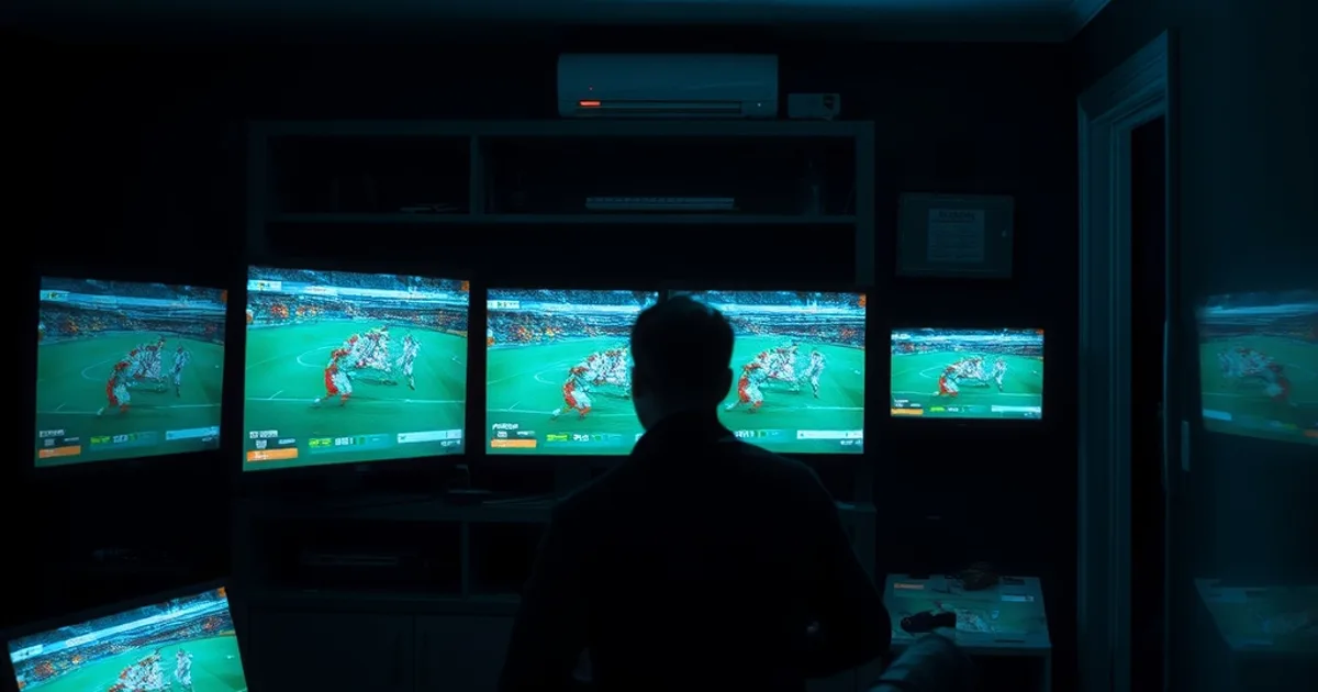 Dunkler Raum mit mehreren Bildschirmen, die Live-Fußballübertragungen und Signalstatus zeigen, eine Person prüft die Streams wie in einer Kontrollzentrale