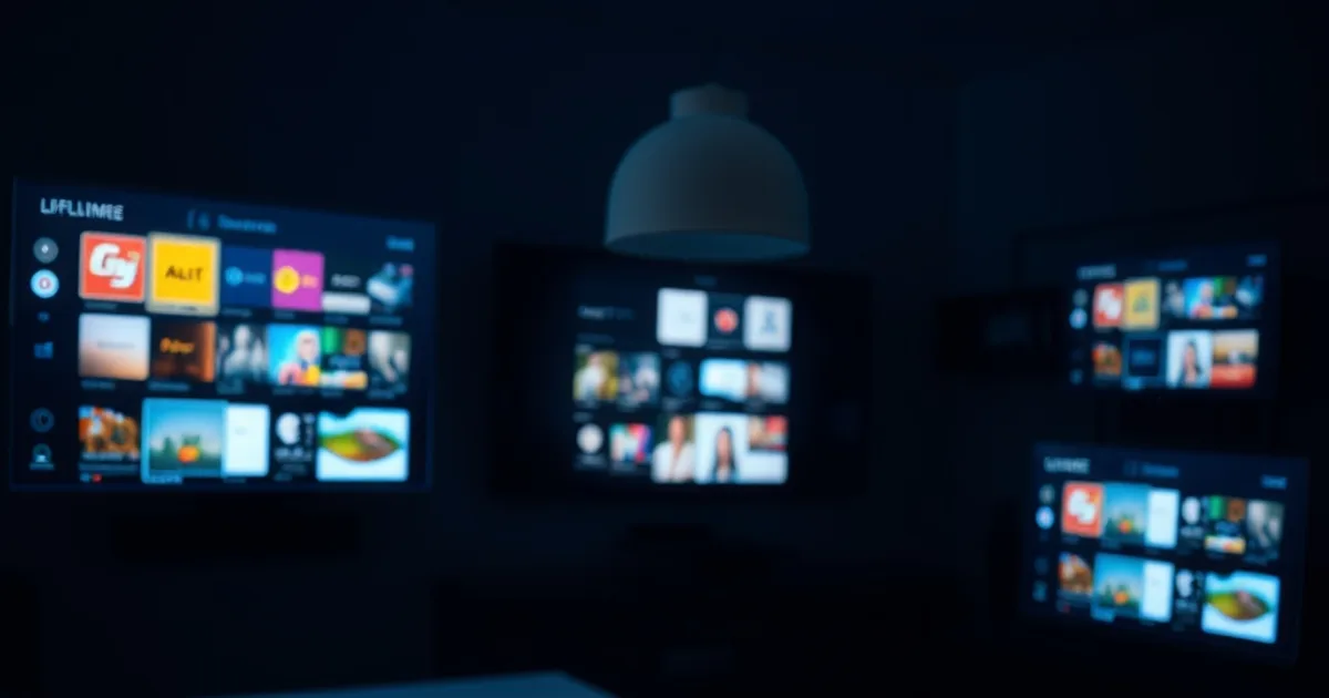 Dunkles Wohnzimmer mit mehreren Fernsehern, die unterschiedliche App-Oberflächen im schummrigen Licht zeigen