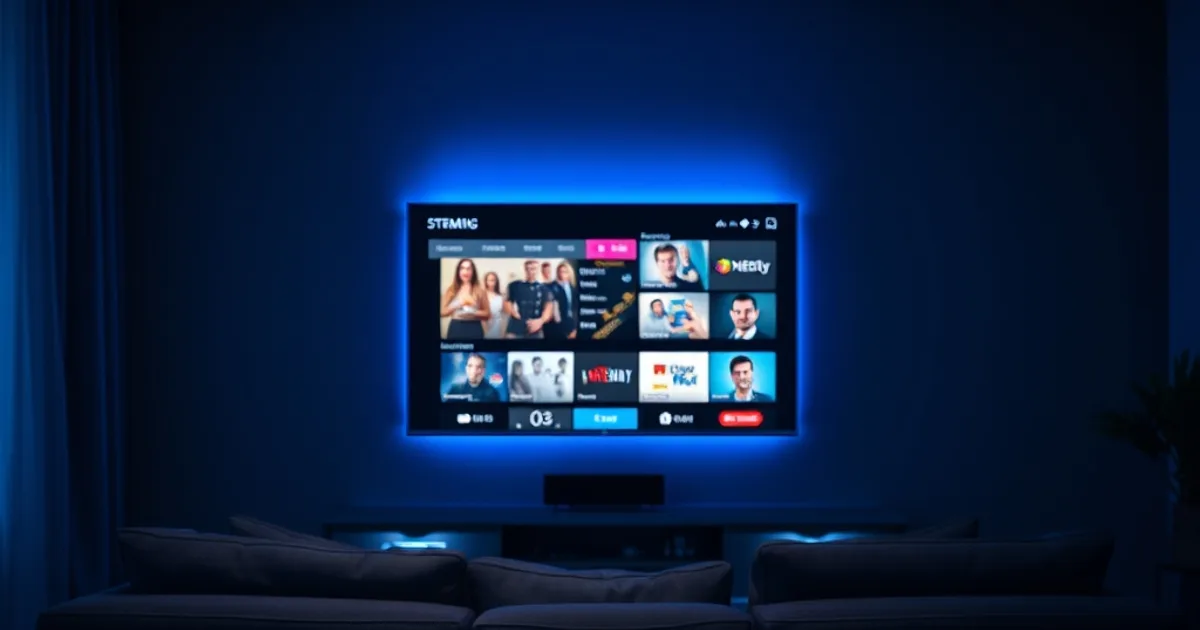 Moderner Smart TV in einem abgedunkelten Wohnzimmer zeigt eine App-Übersicht, im Vordergrund eine Fernbedienung auf einem Couchtisch