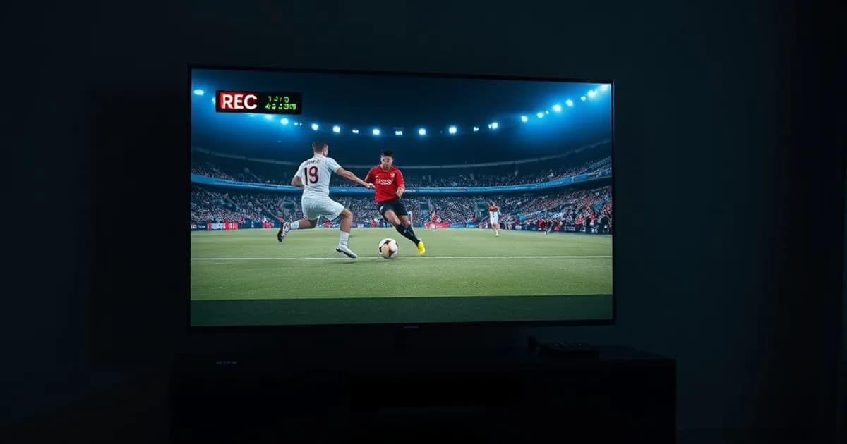 Dunkles Wohnzimmer nachts, Fernseher zeigt ein Fußballspiel mit Aufnahme-Anzeige, daneben eine externe Festplatte mit leuchtender Aktivitäts-LED
