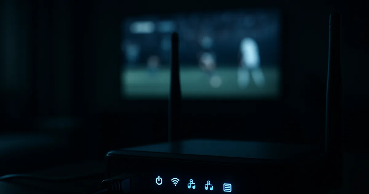 Ein Router mit blau leuchtenden LEDs im dunklen Wohnzimmer, im Hintergrund ein Smart-TV mit pausiertem Stream