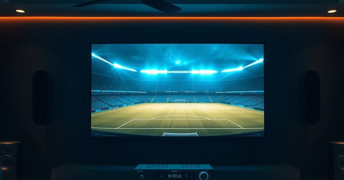 Dunkles Heimkino mit AV-Receiver, Soundbar und TV, das ein Fußballstadion zeigt, umgeben von sanftem blauen Licht als Symbol für Surround-Sound.