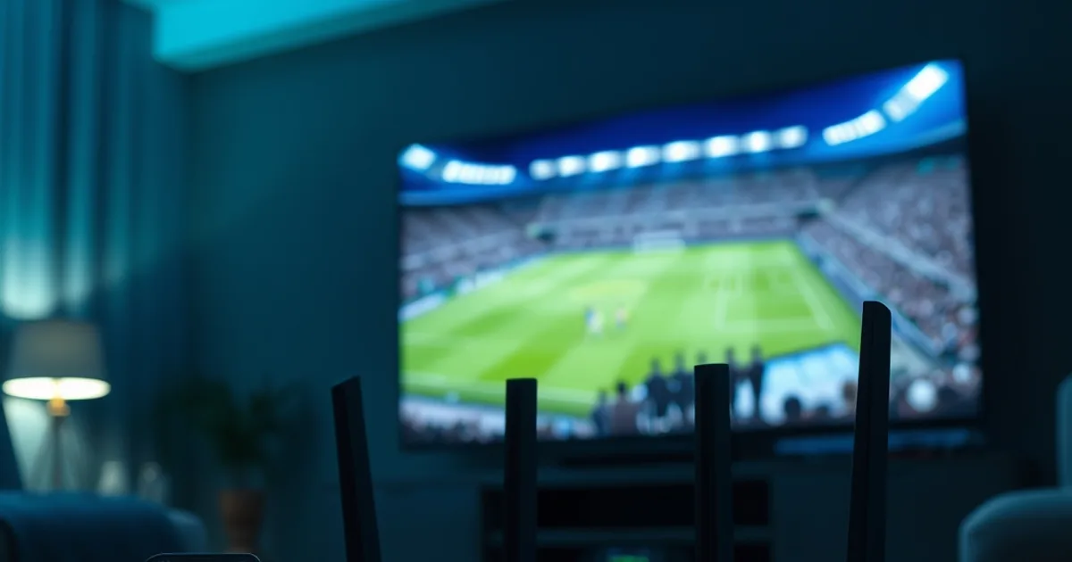 Dunkles, cinematisches Wohnzimmer bei Nacht mit leuchtendem Router, einem Smartphone mit Speedtest-Anzeige im Vordergrund und einem scharfen Fußballspiel auf dem TV im Hintergrund