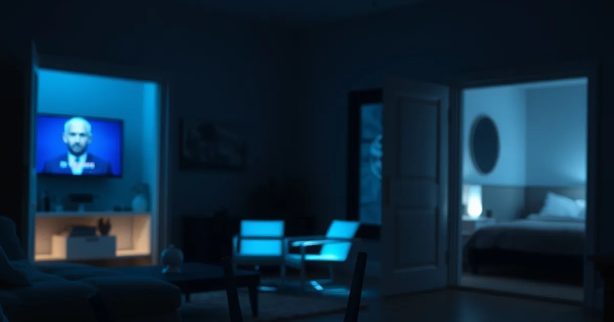 Dunkles, stimmungsvolles Zuhause bei Nacht mit mehreren Räumen, in denen gleichzeitig unterschiedliche Bildschirme leuchten, im Vordergrund ein Router