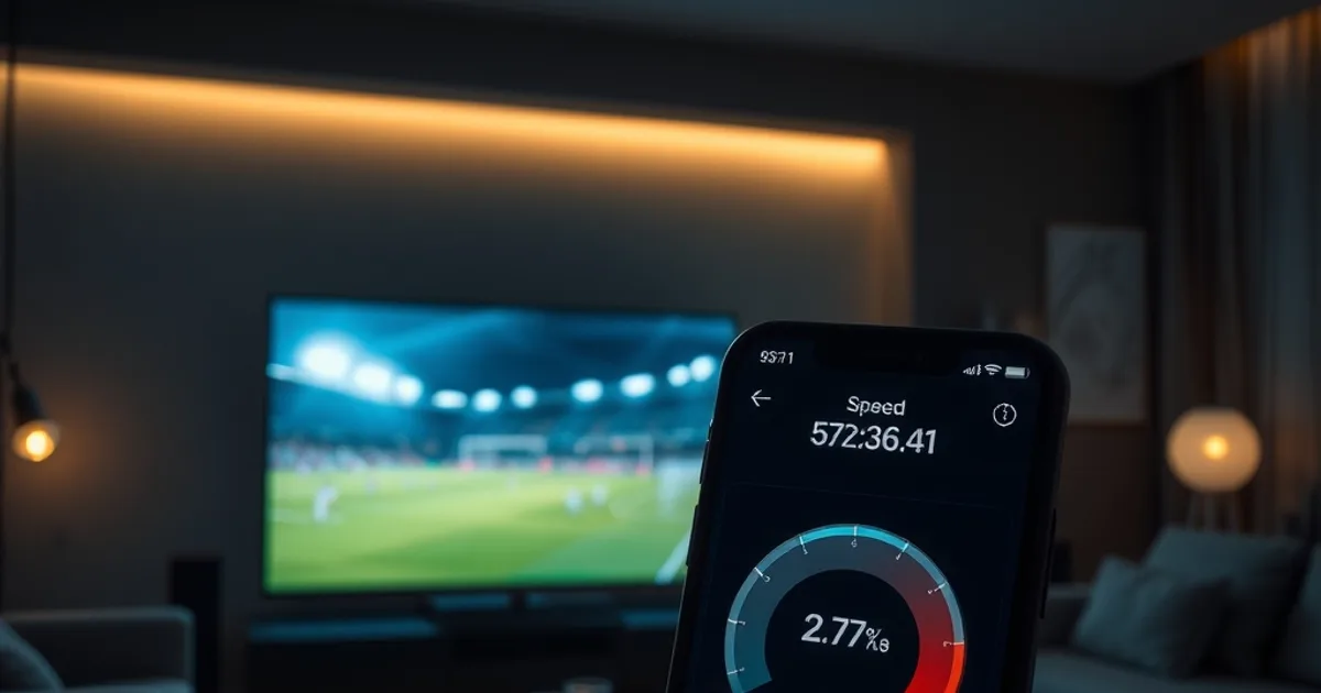 Dunkles Wohnzimmer mit laufendem Fernseher und einem Smartphone im Vordergrund, das einen Internet-Geschwindigkeitstest anzeigt