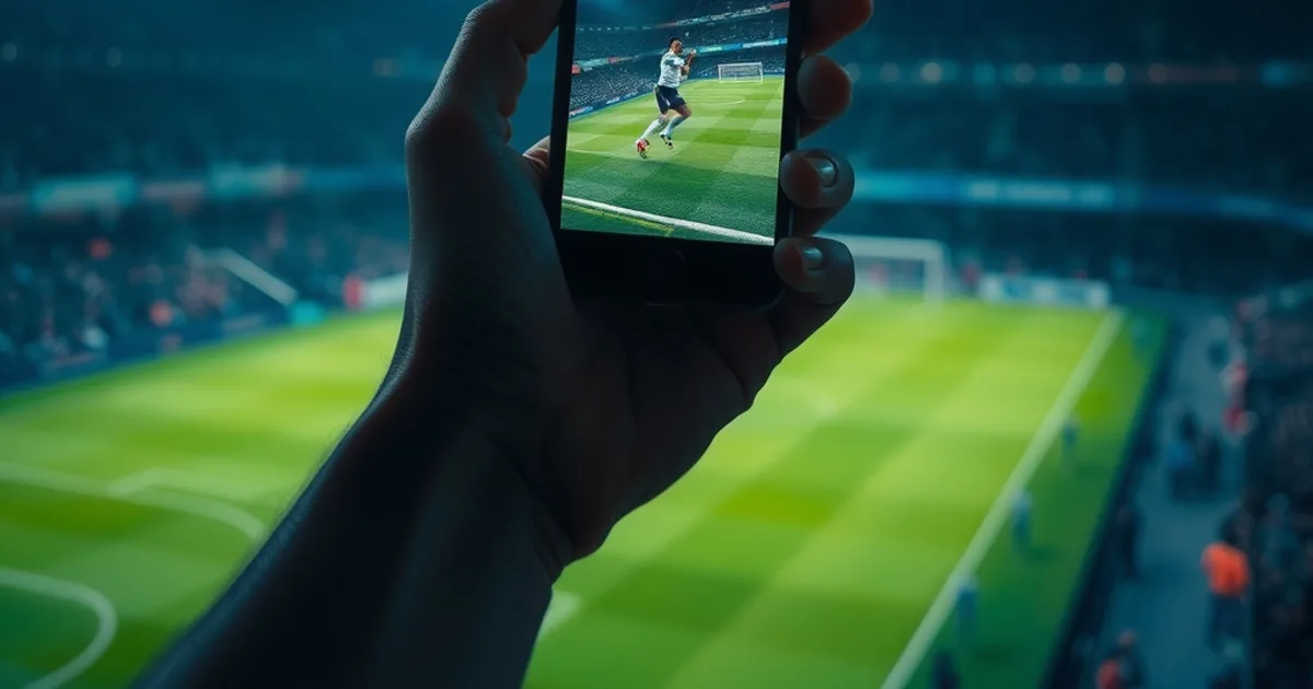 Hand hält ein Smartphone mit einem leuchtenden Live-Fußballspiel, im Hintergrund verschwommenes Flutlicht eines Stadions