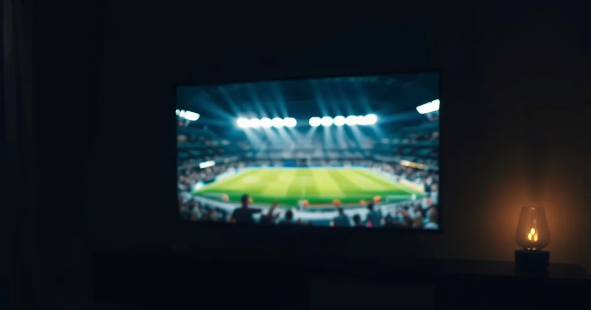 Dunkles Wohnzimmer mit Fernseher, Tablet und Smartphone, die gleichzeitig internationale Fußballübertragungen zeigen