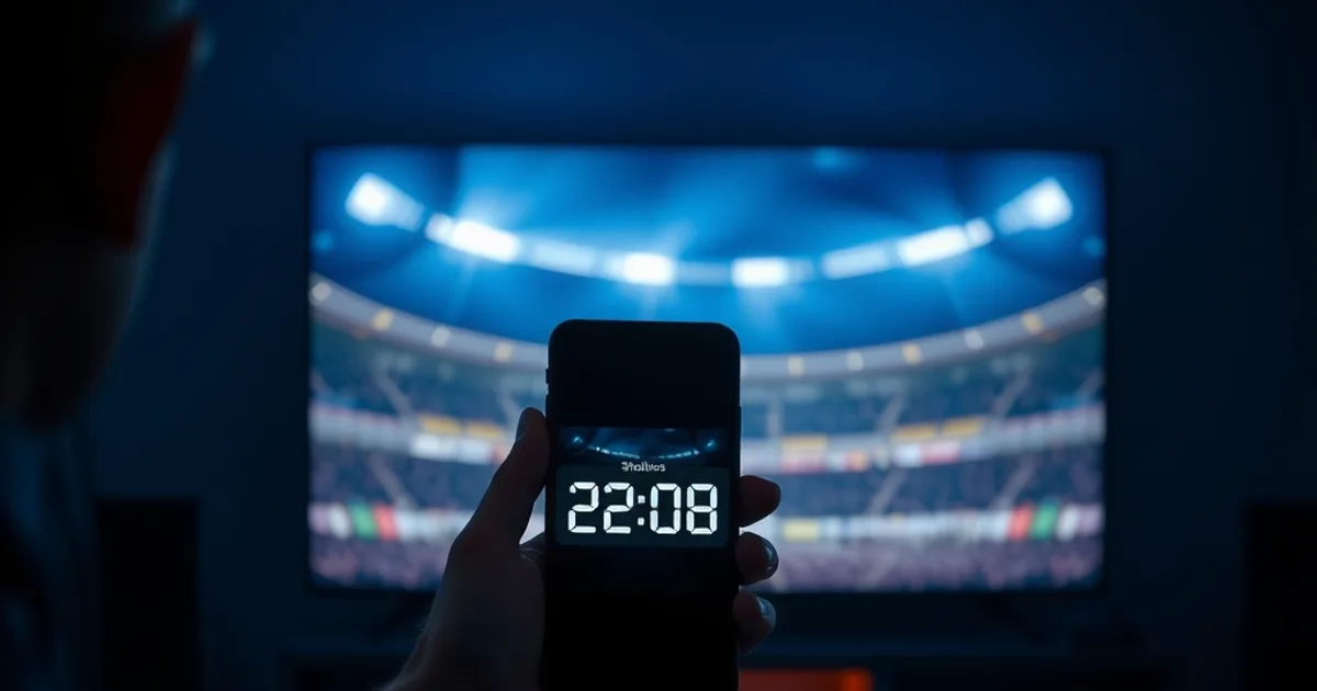 Person testet abends IPTV auf Smartphone und Fernseher, im Hintergrund stimmungsvolles Stadionlicht auf dem Bildschirm