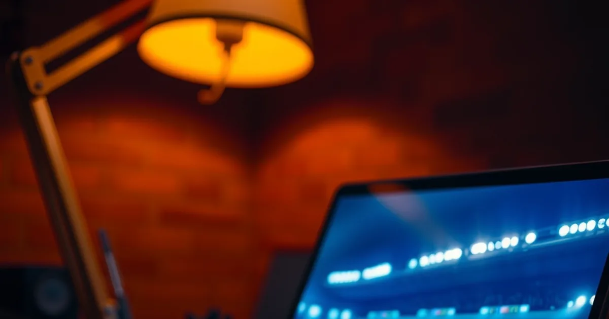 Laptop auf einem Schreibtisch bei Nacht zeigt ein laufendes Fußballspiel, im Vordergrund ein angeschlossenes Ethernet-Kabel, gedämpftes Lampenlicht
