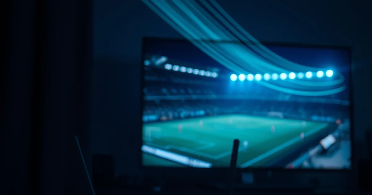 Router mit leuchtenden LEDs im dunklen Wohnzimmer, im Hintergrund ein Fernseher mit Fußballfeld, symbolisiert stabile Datenübertragung für IPTV