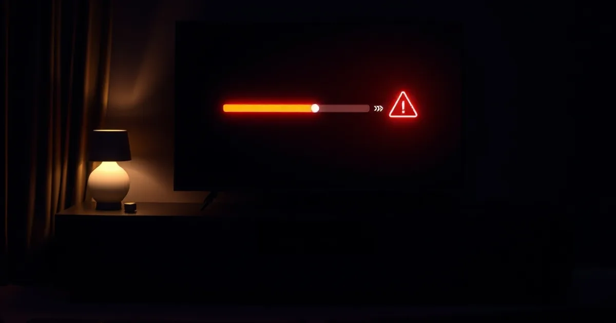 Ein Smart-TV leuchtet in einem abgedunkelten Wohnzimmer, davor schwebt ein dezentes rotes Warnsymbol als Sinnbild für die Risiken illegaler IPTV-Anbieter.