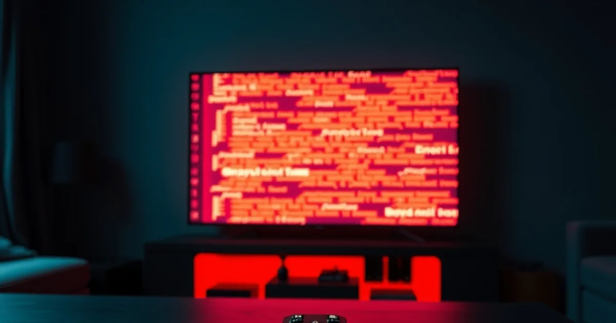 Ein Smart TV im dunklen Wohnzimmer mit einem bedrohlichen roten Code-Overlay auf dem Bildschirm, Symbolbild für IPTV-Malware