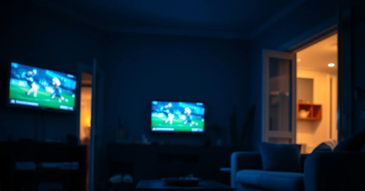 Dunkles, stimmungsvolles Wohnzimmer bei Nacht mit mehreren leuchtenden Fernsehbildschirmen in verschiedenen Räumen und einem Router im Vordergrund als Symbol für ein IPTV-Multi-Room-Setup