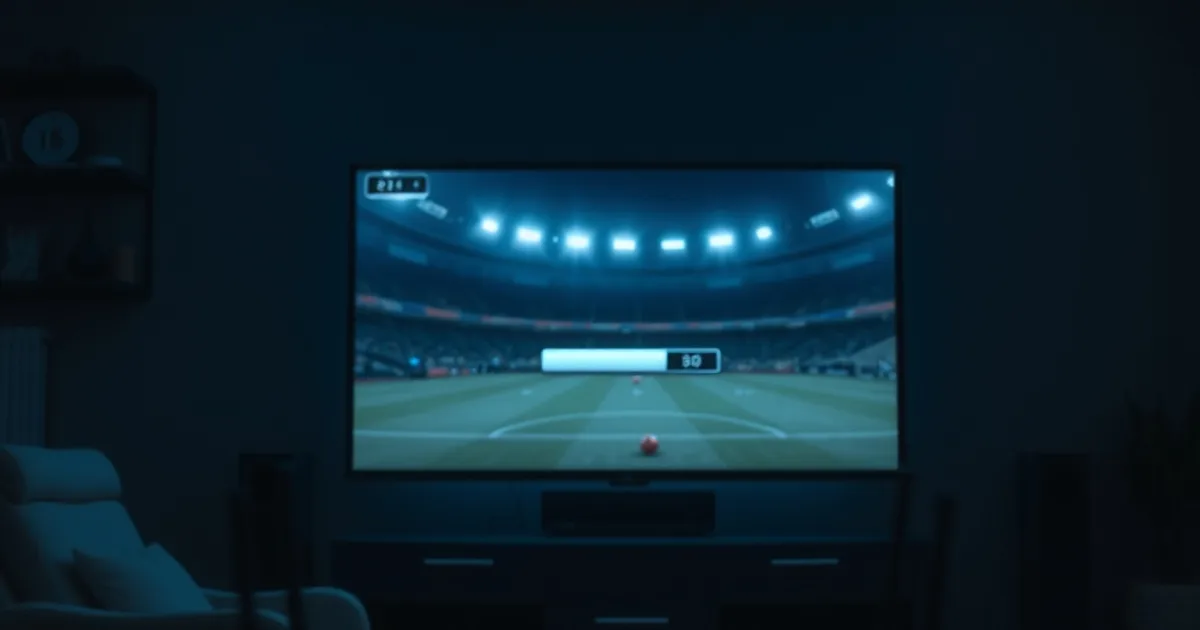 Dunkles Wohnzimmer nachts, Fernseher zeigt ein pausiertes Fußballspiel mit Ladesymbol, im Vordergrund ein Router mit blinkenden Lichtern