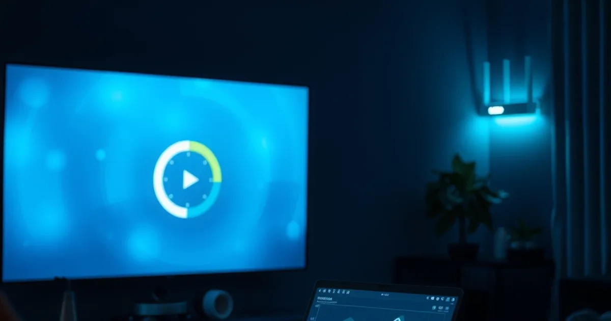 Dunkles Wohnzimmer bei Nacht mit einem Fernseher, dessen Bild mitten im Puffer-Ladekreis eingefroren ist, im Hintergrund ein Router mit blinkenden Lichtern und ein Laptop mit Speedtest-Anzeige.
