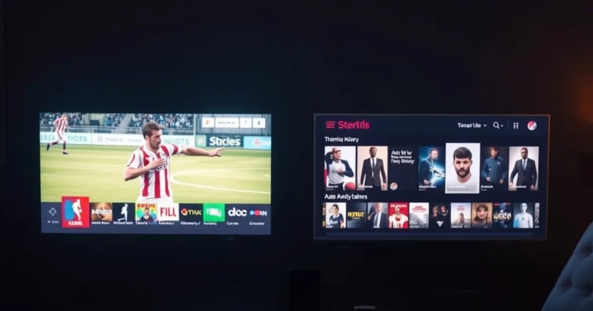 Dunkles Wohnzimmer mit zwei nebeneinander leuchtenden Bildschirmen: links ein IPTV-Senderraster mit Live-Fußball, rechts eine Streaming-Bibliothek, dazwischen eine Fernbedienung auf einem Holztisch.