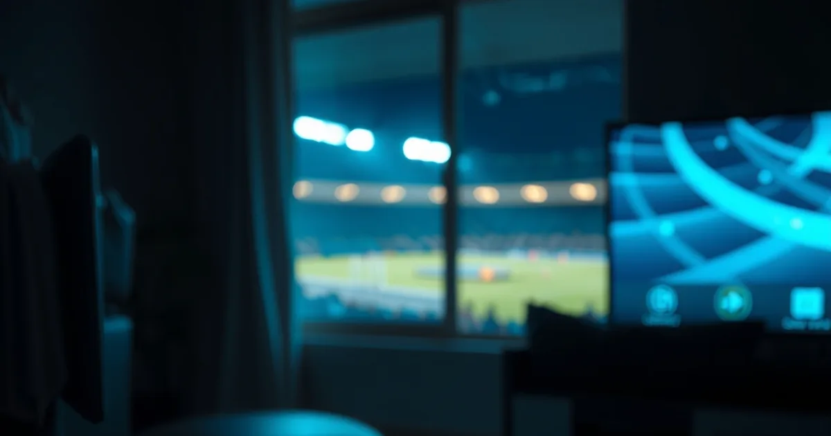 Fernbedienung im dunklen Wohnzimmer, beleuchtet vom Schein eines Fernsehers kurz vor dem Bundesliga-Anpfiff