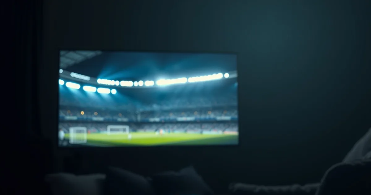 Dunkles Wohnzimmer bei Nacht mit großem Bildschirm, der ein Bundesliga-Flutlichtspiel im Stadion zeigt