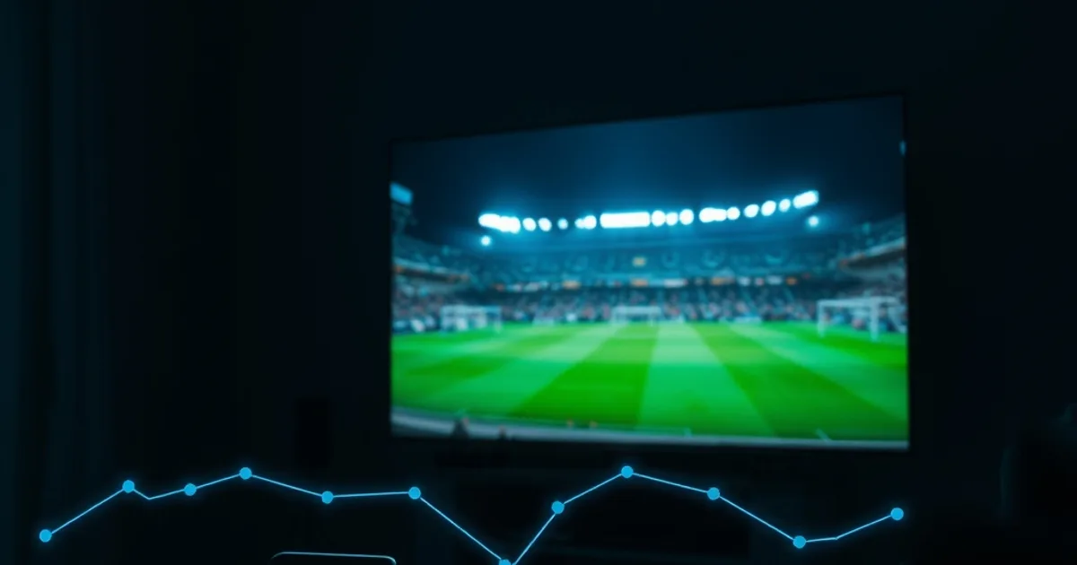 Dunkles Wohnzimmer nachts mit großem 4K-Fernseher und mehreren Geräten, verbunden durch leuchtende Datenstrom-Linien, die paralleles Streaming symbolisieren