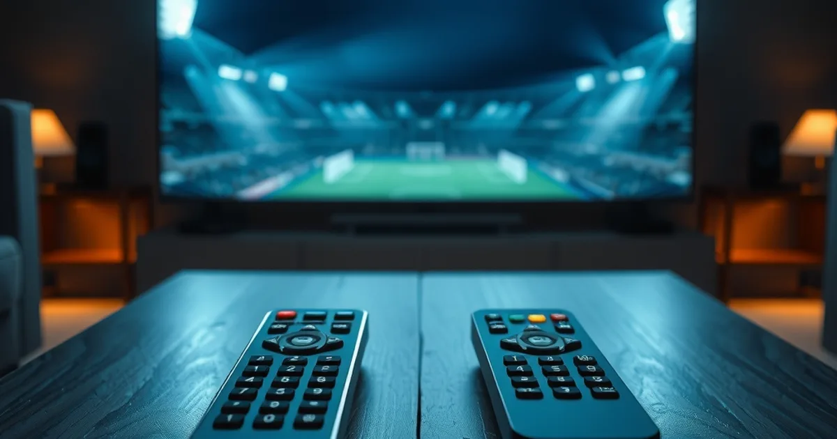 Dunkles Wohnzimmer bei Nacht mit zwei Fernbedienungen vor einem Fernseher, der ein beleuchtetes Fußballstadion zeigt – Symbolbild für die Entscheidung zwischen zwei Streaming-Diensten.