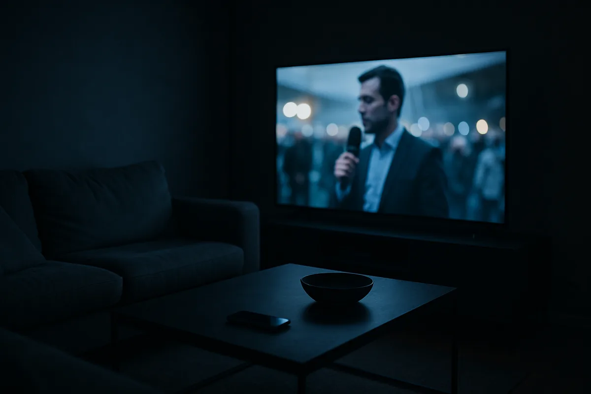 Großer Fernseher zeigt abends ein Live-TV-Programm in einem dunkelgrauen, gemütlichen Wohnzimmer