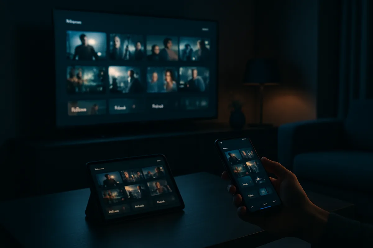 Smart TV, Smartphone und Tablet zeigen denselben Stream gleichzeitig in einem dunklen Raum