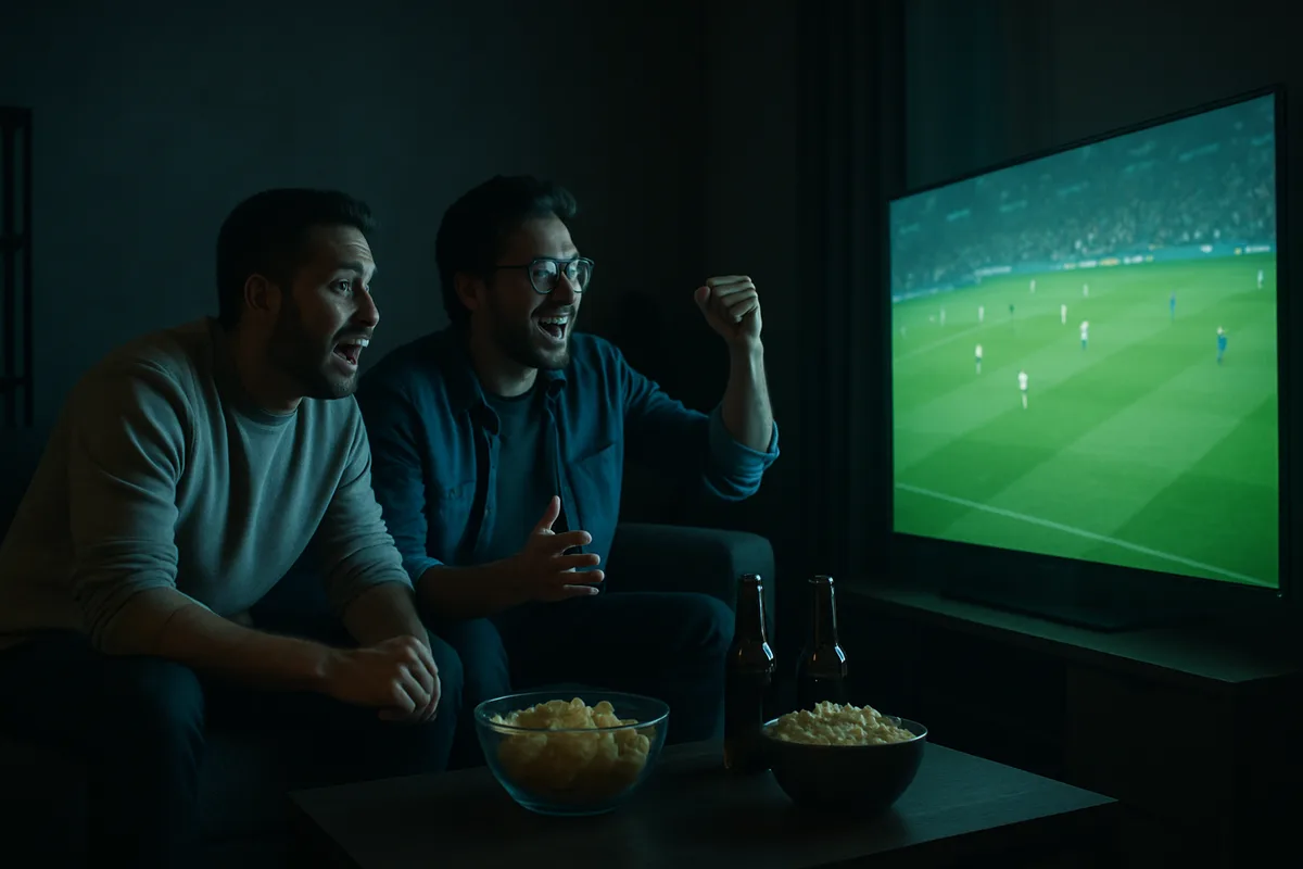 Freunde schauen abends ein Fußballspiel auf einem großen leuchtenden Fernseher in einem graphitgrauen Wohnzimmer