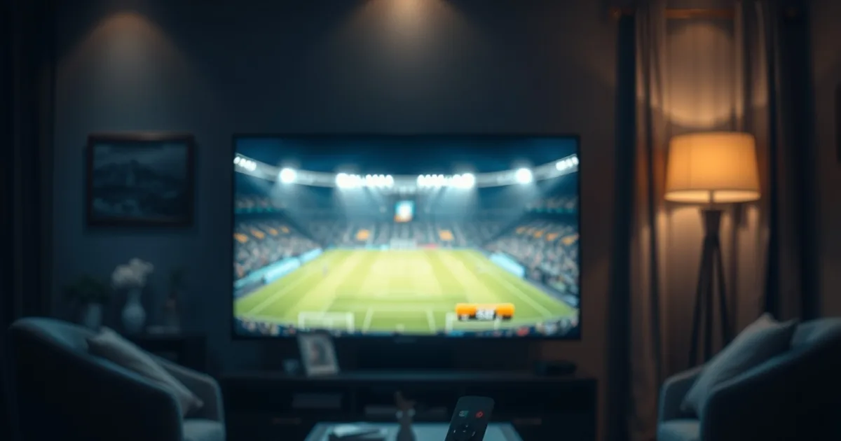 Dunkles Wohnzimmer bei Nacht mit großem Fernseher, der ein Fußballstadion zeigt, im Vordergrund eine Streaming-Box auf dem Tisch.