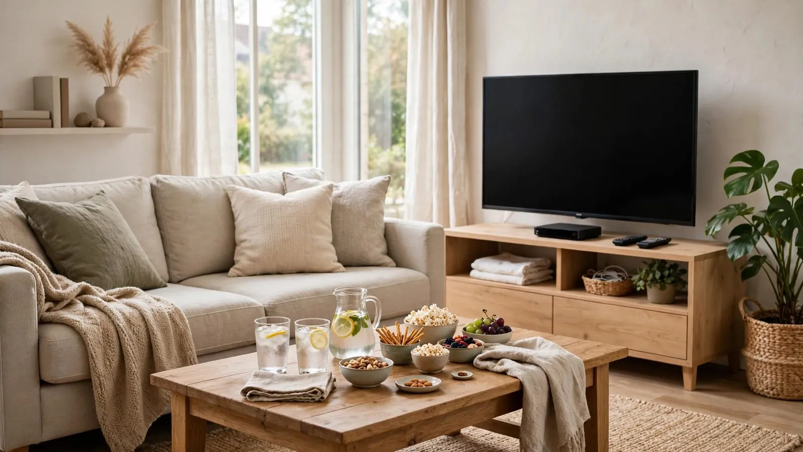 Wohnbereich mit einem geräumigen Sofa und einem ausgeschalteten Flachbildfernseher.